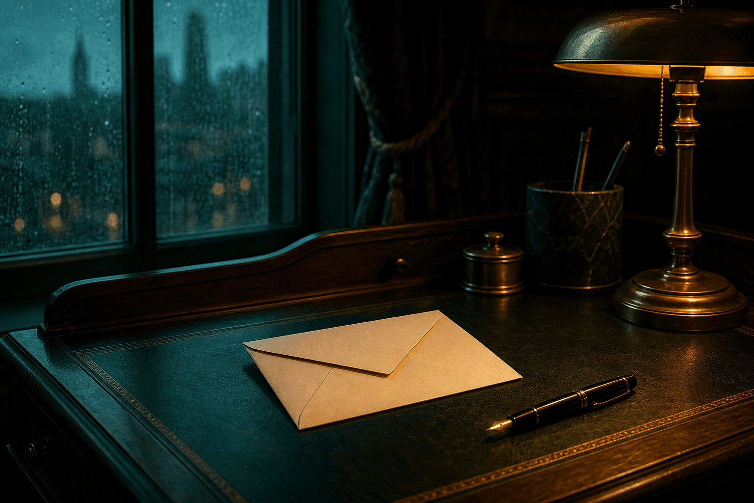 A blank envelope on a writing desk by a rain-streaked window