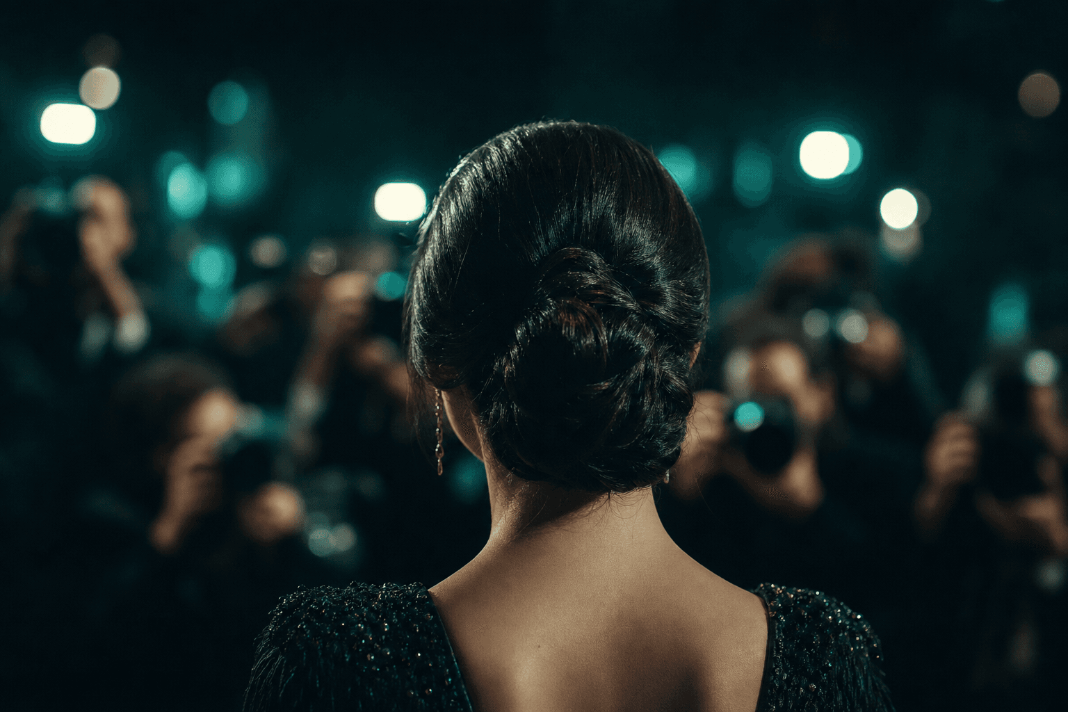 An immaculate chignon facing a wall of press photographers