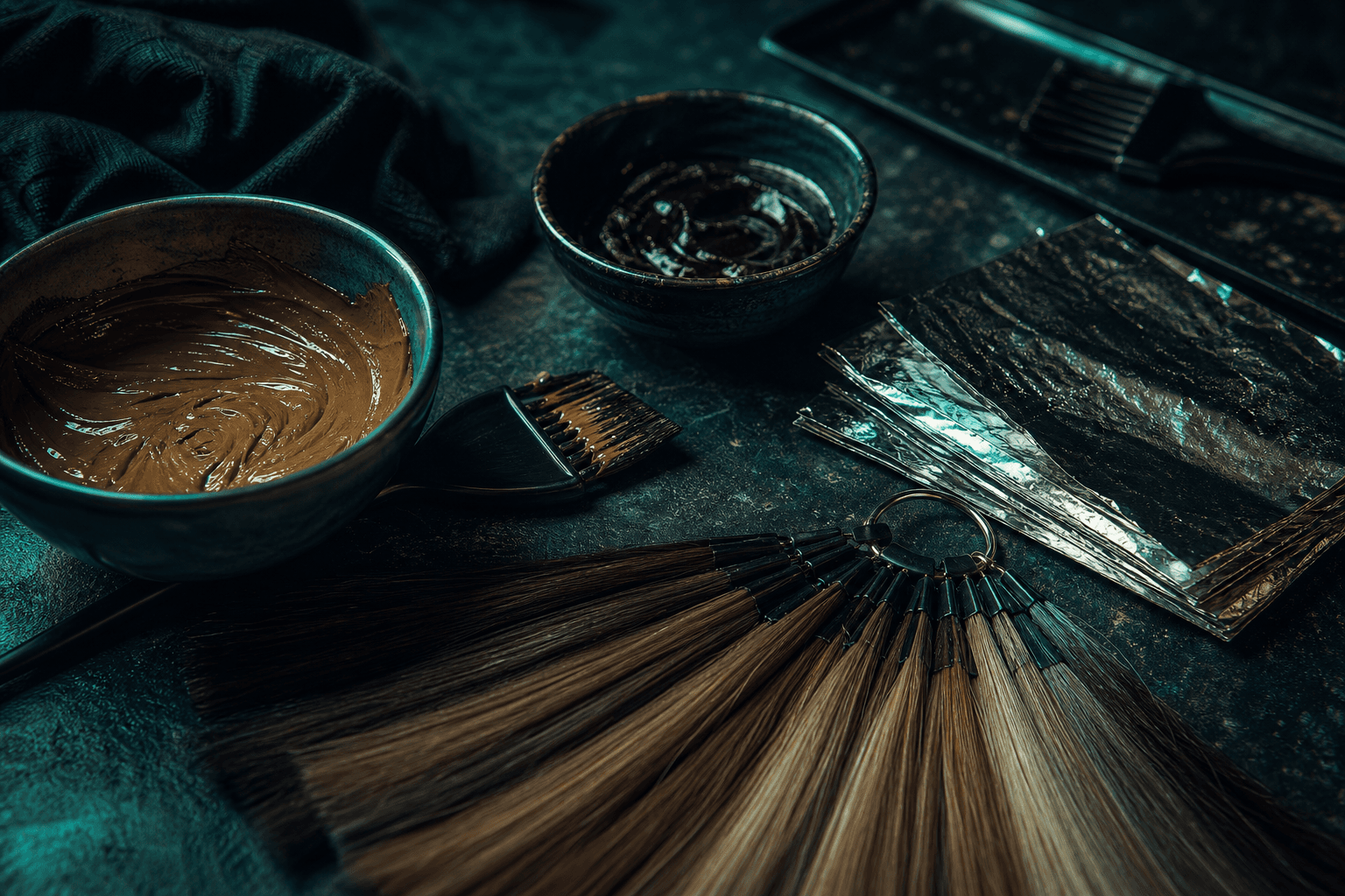Colour bowls, foils and a fan of hair swatches on dark stone