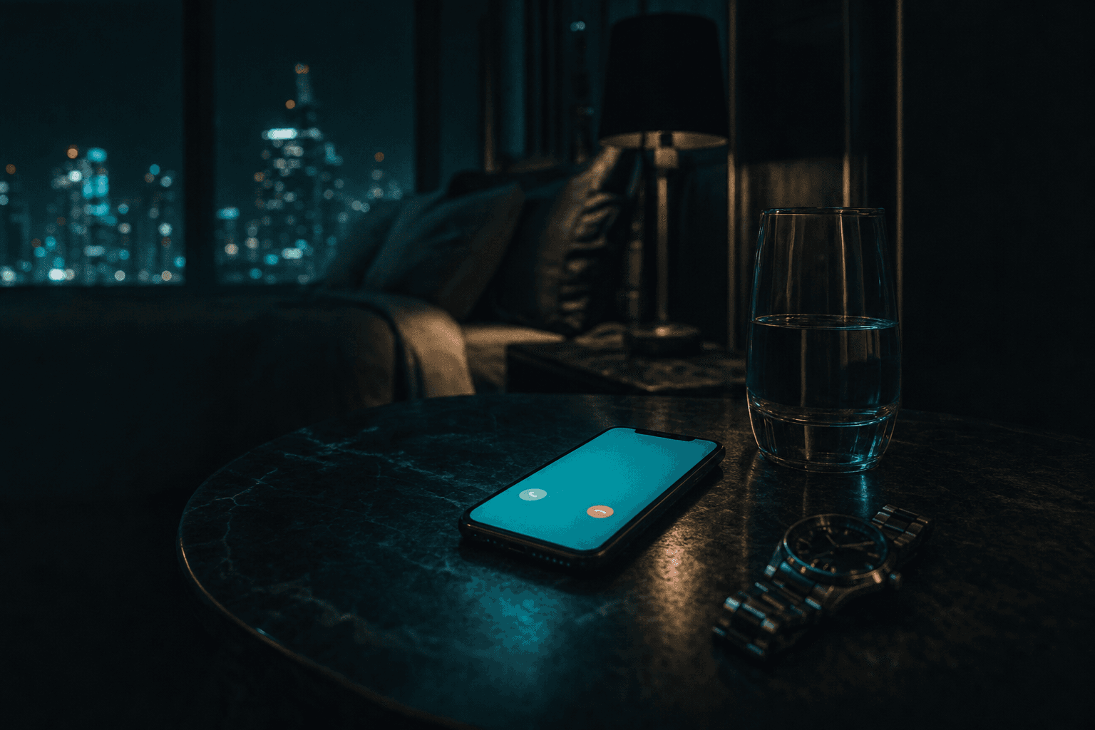 A phone glowing with a call on a marble nightstand at night