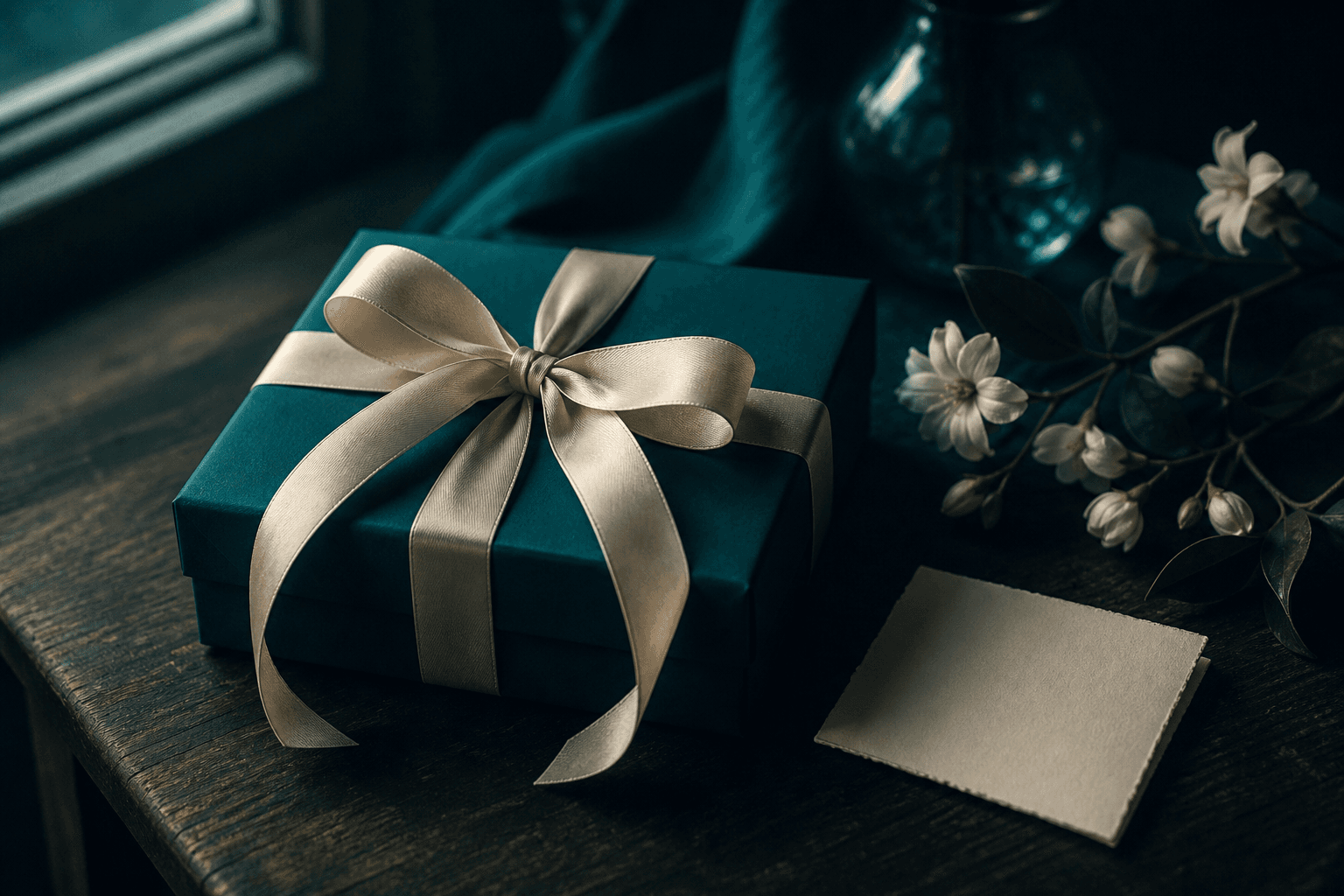 An unbranded teal gift box with a silk ribbon and a blank handwritten card