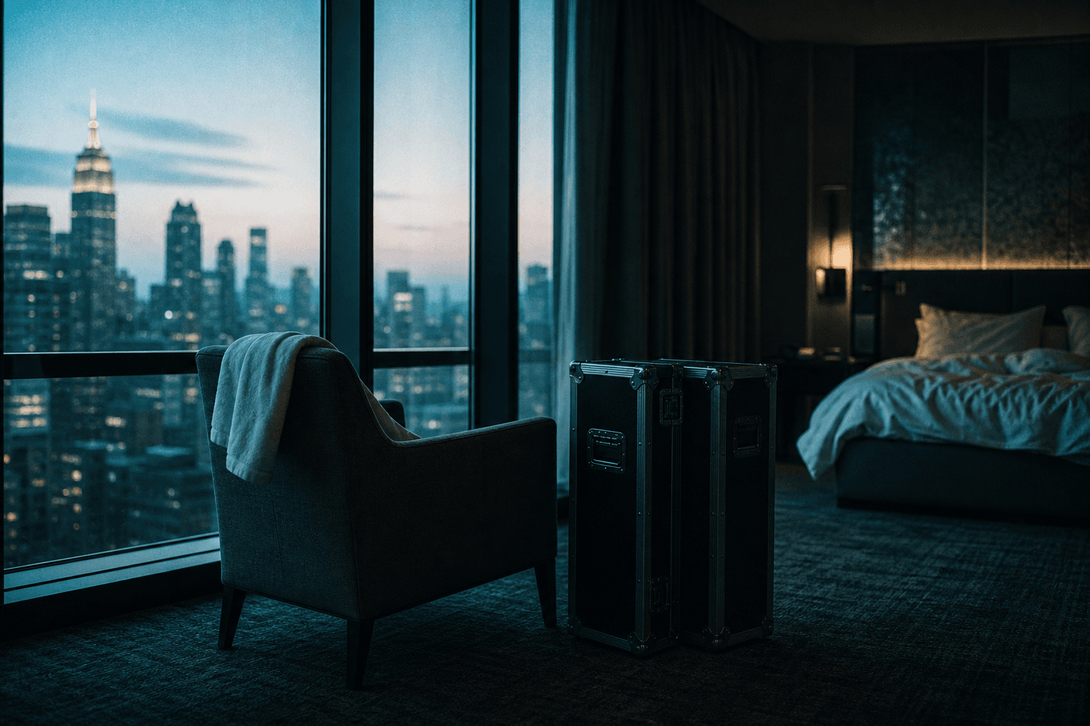 A hotel suite at dawn with a chair by the window and two flight cases