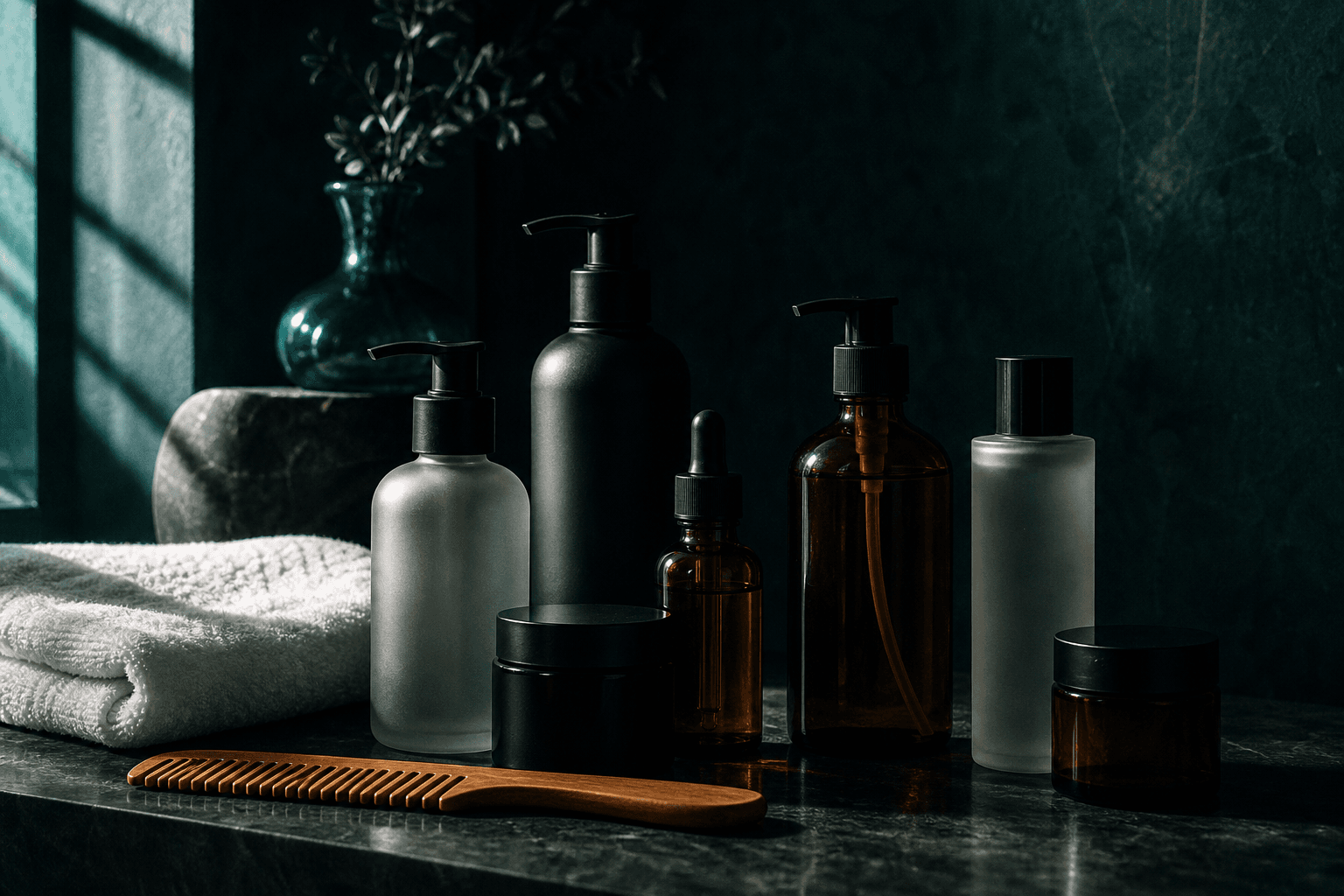 Unlabelled glass bottles and jars beside a folded towel and wooden comb