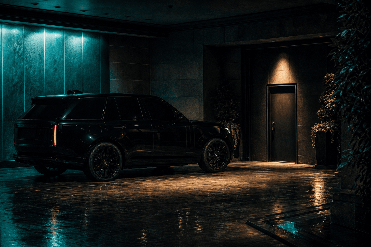 A black SUV waiting by a discreet lit service door at night