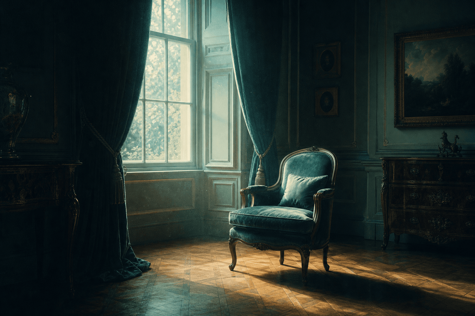 A single chair by the tall window of a country estate