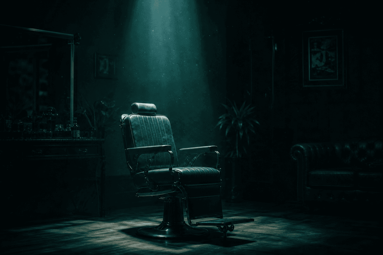 An empty chair under a single spotlight in a dark room